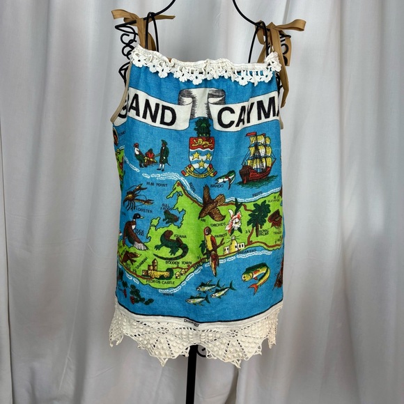 Hand Crafted Heirloom Grand Cayman Islands Map Print Tank Top with Vintage Lace - Picture 1 of 12